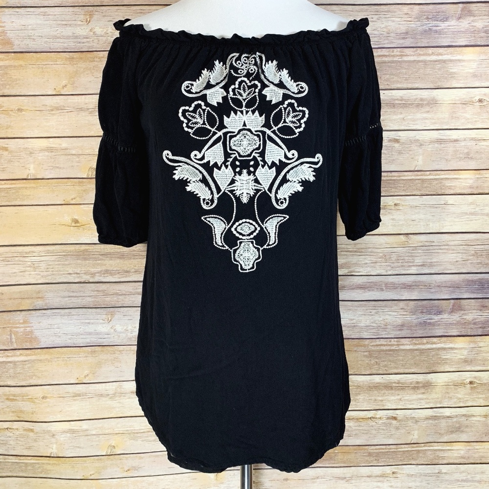 Lulu's Black White Embroidered Off Shoulder Blouse